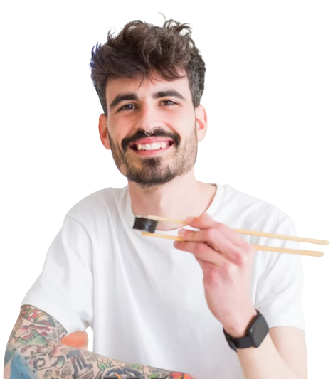 Man eating sushi with chopsticks